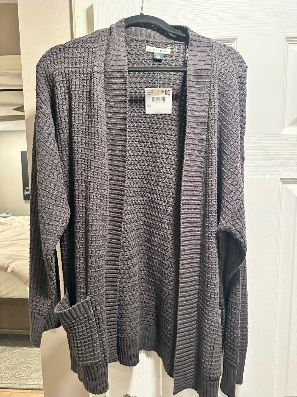 American Eagle Outfitters Dark Gray Waffle-Knit Open-Front Cardigan